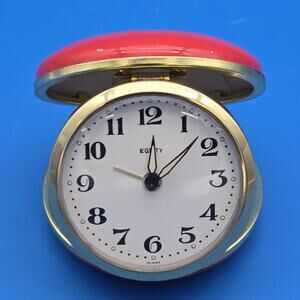 Vintage Equity Red Clamshell Travel Alarm Clock Wind Up Taiwan WORKING
